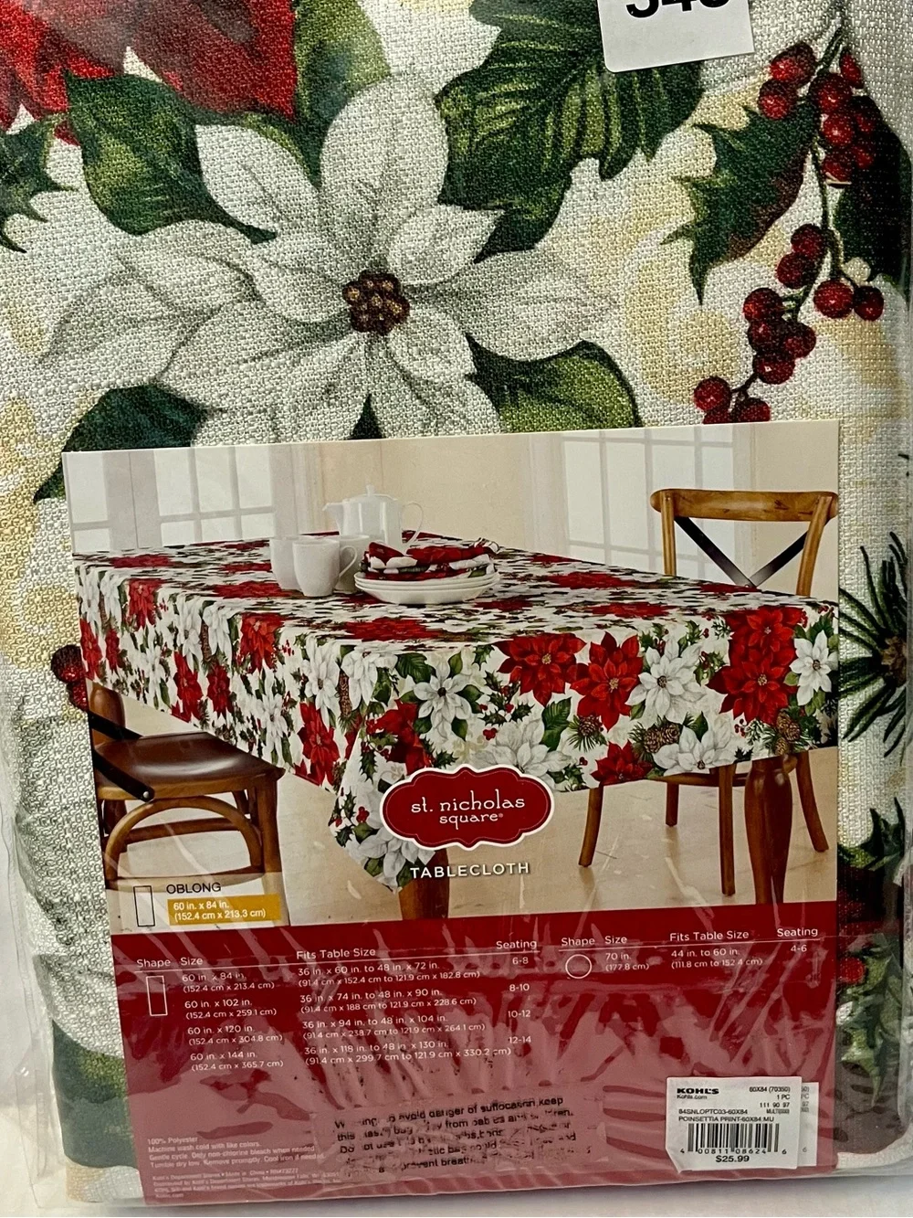 St. Nicholas Square Christmas Tablecloth Oblong 60x84 NWT Poinsettia Holly